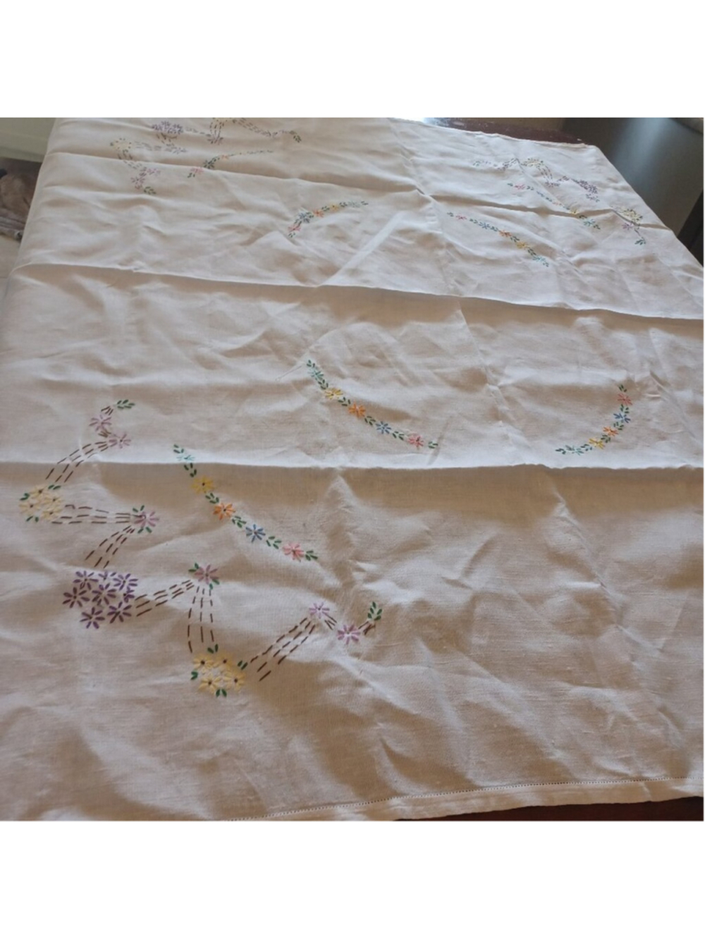 Vintage Linen hand stitched square tablecloth